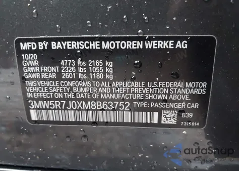 2021 BMW 330I xDrive z USA, uszkodzony, nr VIN 3MW5R7J0XM8B63752